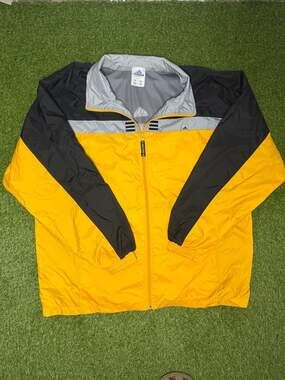 Vintage 90s Adidas Colorblock Mesh-Lined Windbreaker Jacket Yellow Black Gray Me